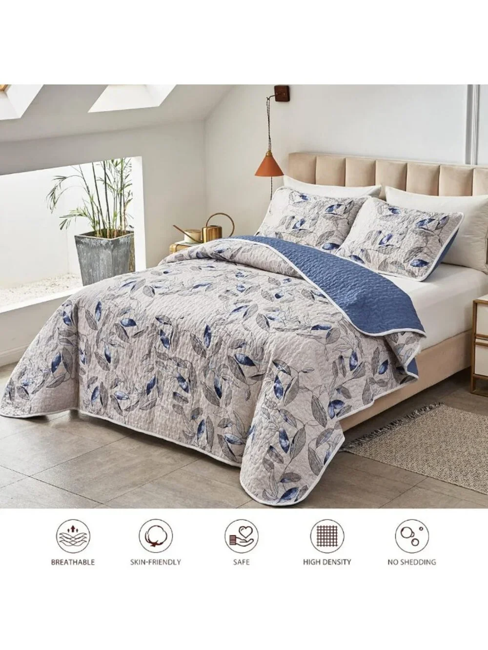 Botanical Blue Leaves Microfiber Quilt Set - Reversible Bedspread & Pillow